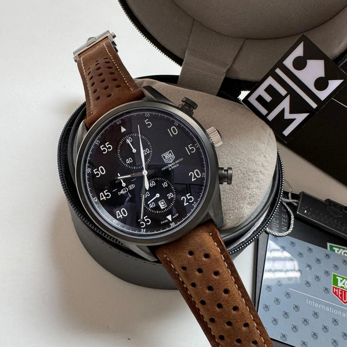 TAG Heuer Carrera Chronograph Black Brown Leather Strap
