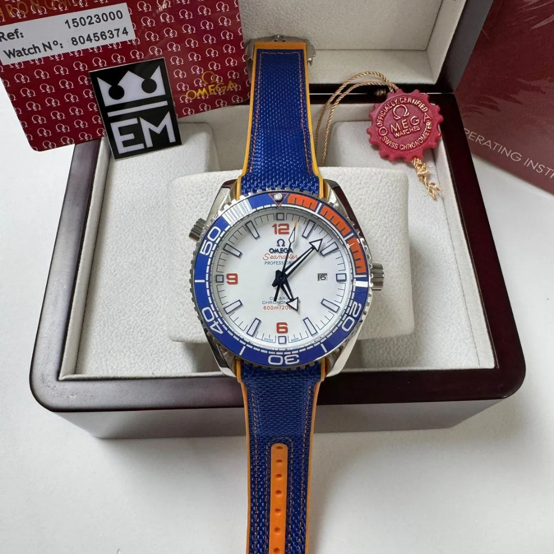 Omega Seamaster Planet Ocean “Co-Axial Chronometer” – Blue/Orange | White Dial